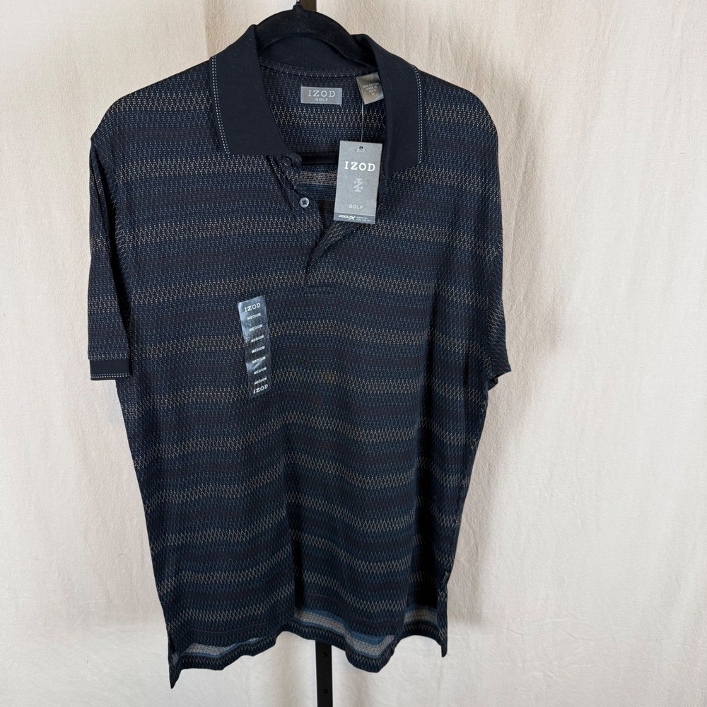 NEW IZOD Golf Mens Polo Shirt Black Blue Geometric Pattern Short Sleeve Size M